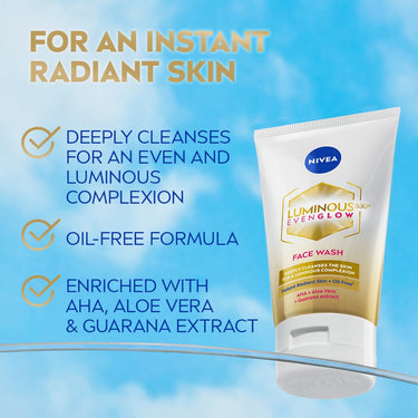 NIVEA Luminous Even Glow Face wash with an oil free formula, infused with AHA, Aloe vera, Guarana Extracts, Deeply cleanses, for Normal & Sensitive Skin, For Women & Men | 50ml